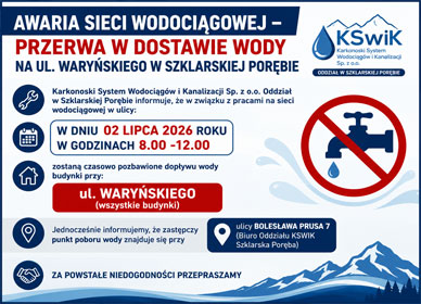 AWARIA SIECI WODOCIĄGOWEJ – PRZERWA W DOSTAWIE WODY NA UL. WARYŃSKIEGO W SZKLARSKIEJ PORĘBIE