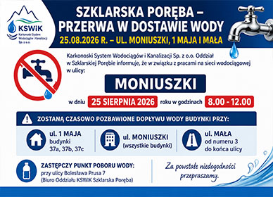 SZKLARSKA PORĘBA – PRZERWA W DOSTAWIE WODY 25.08.2026 R. – UL. MONIUSZKI, 1 MAJA I MAŁA