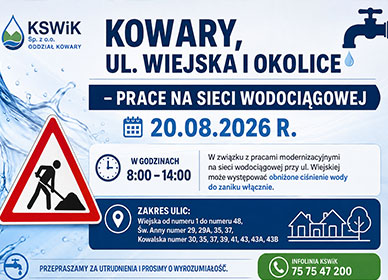 KOWARY, UL. WIEJSKA I OKOLICE – PRACE NA SIECI WODOCIĄGOWEJ 20.08.2026 R.